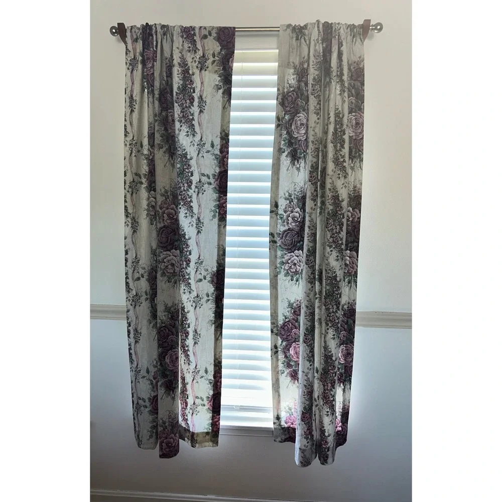JCPenney Floral Pole Pocket Draperies Purple Rose Lined Curtains Set of 2 Panels